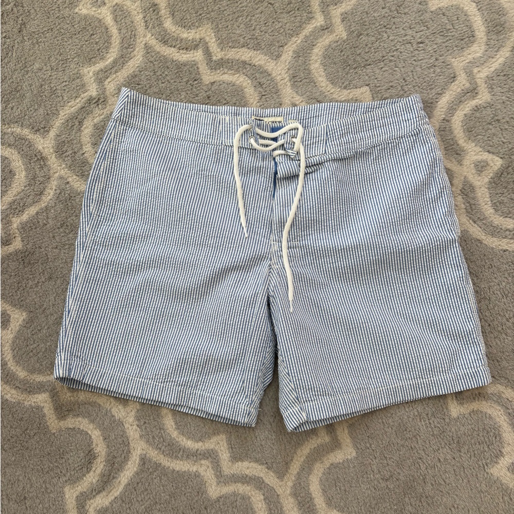 J. Crew Factory Blue and White Striped Swim Shorts